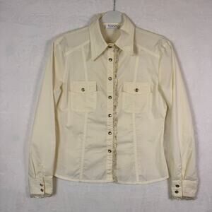 Tuzzi Women’s Button-Up Blouse Size M Cream Long Sleeve Shirt Lace Trim Western